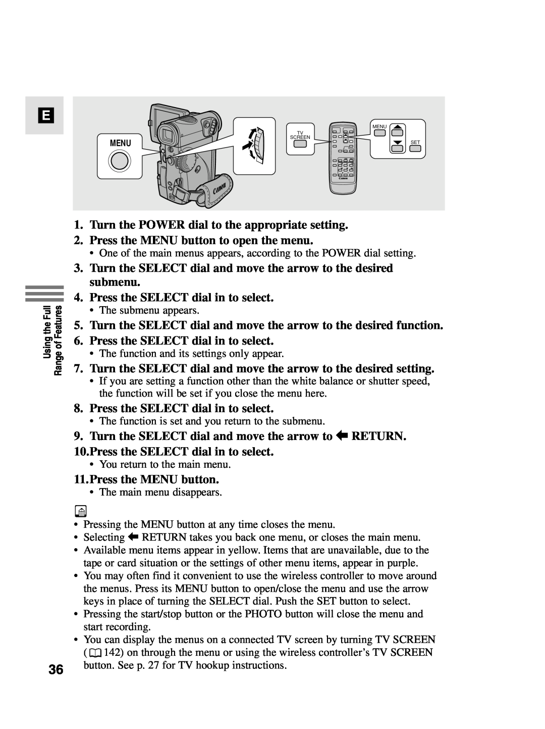 Canon MV4i MC instruction manual Turn the POWER dial to the appropriate setting, Press the MENU button to open the menu 