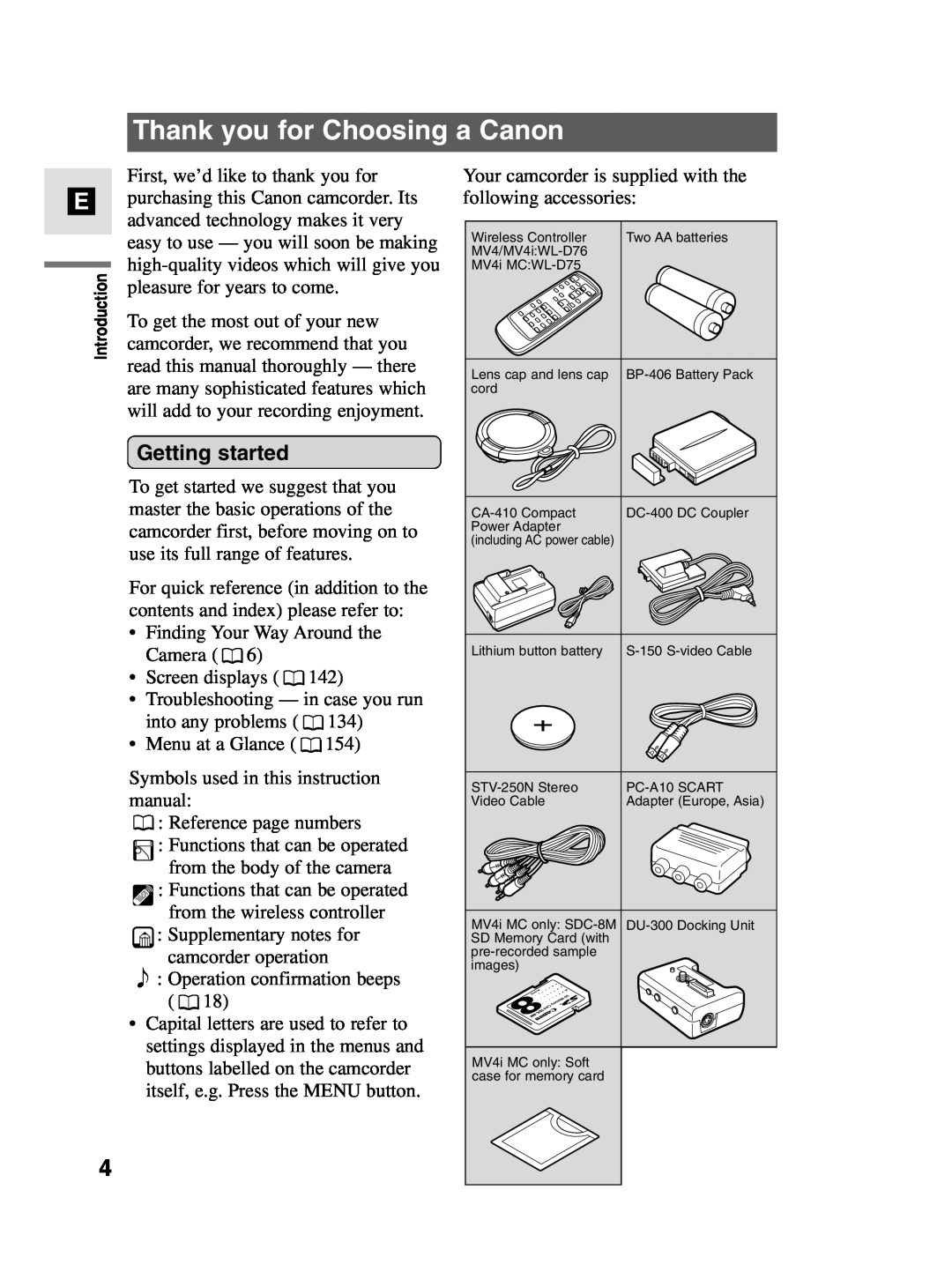 Canon MV4i MC instruction manual Thank you for Choosing a Canon, Getting started 