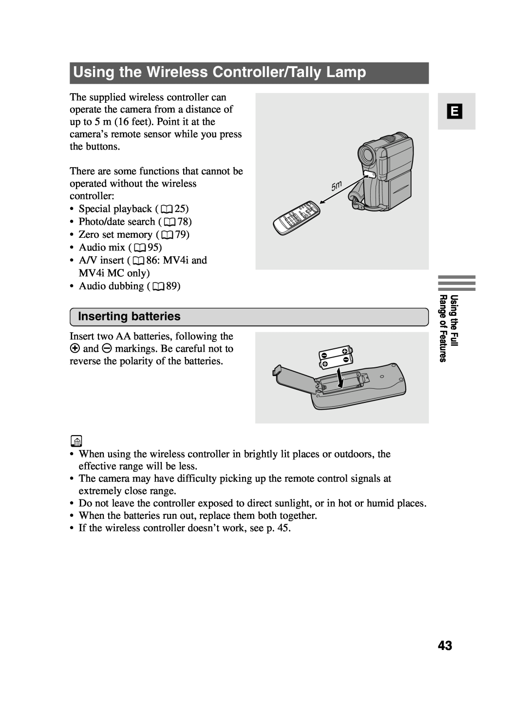 Canon MV4i MC instruction manual Using the Wireless Controller/Tally Lamp, Inserting batteries 
