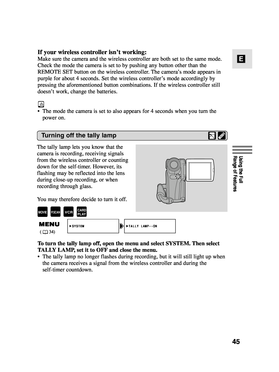 Canon MV4i MC instruction manual If your wireless controller isn’t working, Turning off the tally lamp 
