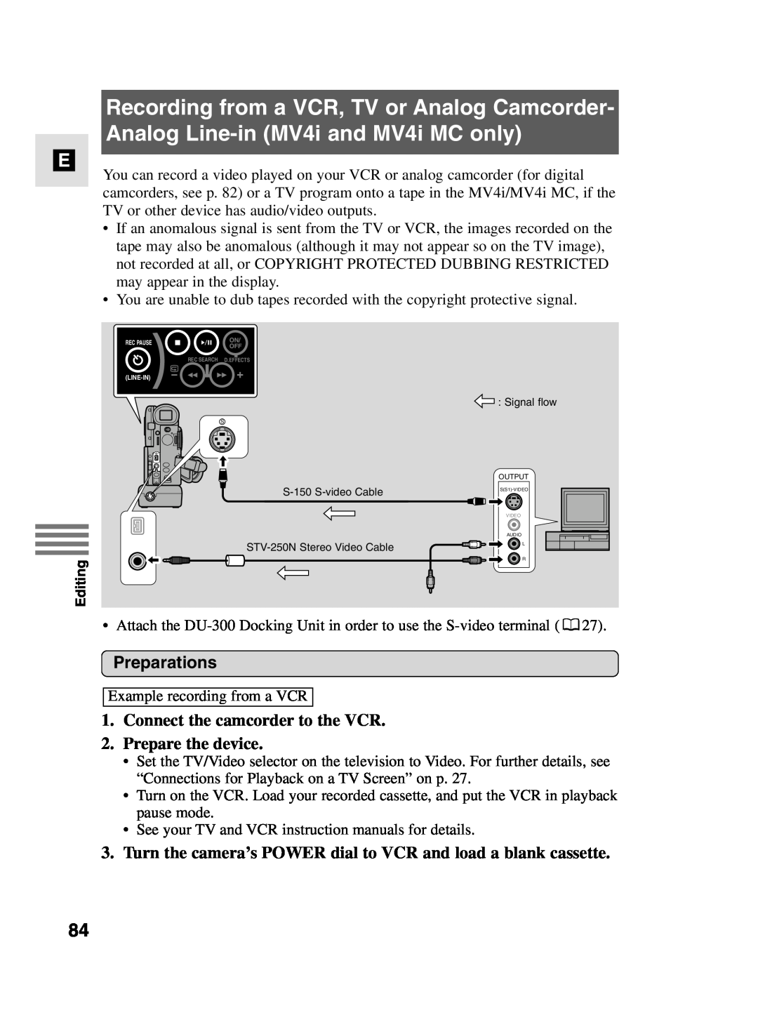 Canon MV4i MC instruction manual Connect the camcorder to the VCR 2. Prepare the device, Output, SS1-VIDEO, Audio L R 