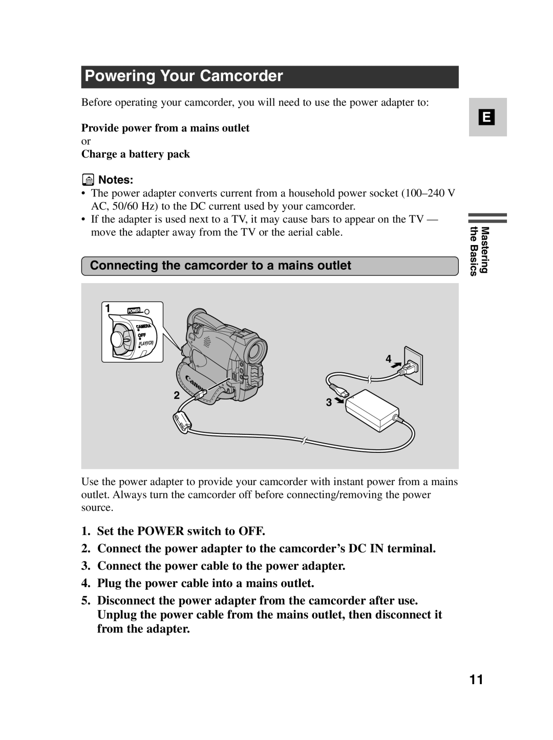 Canon MV500i instruction manual Powering Your Camcorder, Connecting the camcorder to a mains outlet 