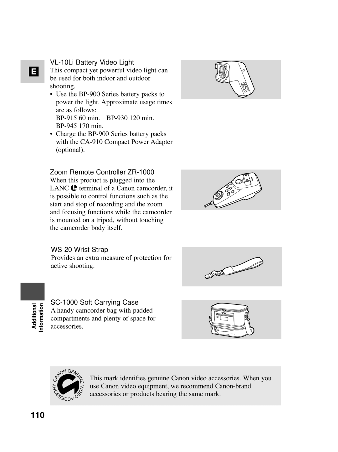 Canon MV500i instruction manual 110, VL-10Li Battery Video Light, SC-1000 Soft Carrying Case 