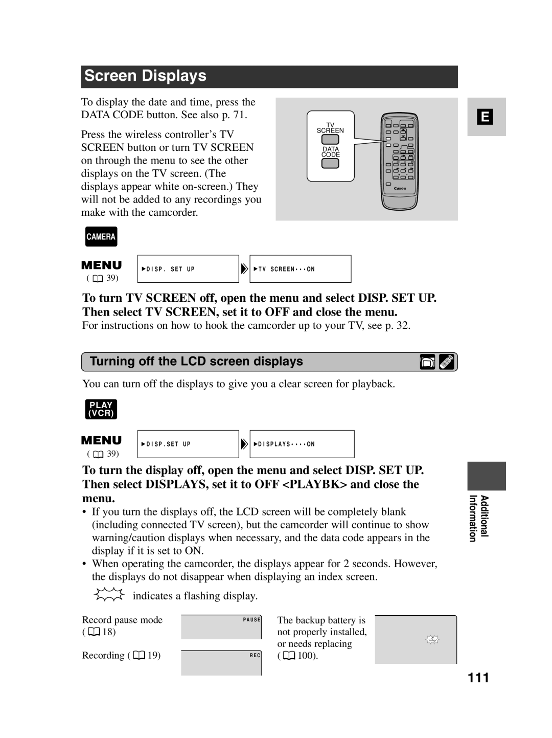 Canon MV500i instruction manual Screen Displays, 111, Turning off the LCD screen displays 