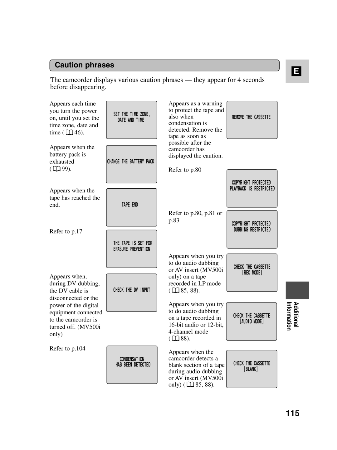 Canon MV500i instruction manual 115, Refer to p.80, p.81 or p.83 