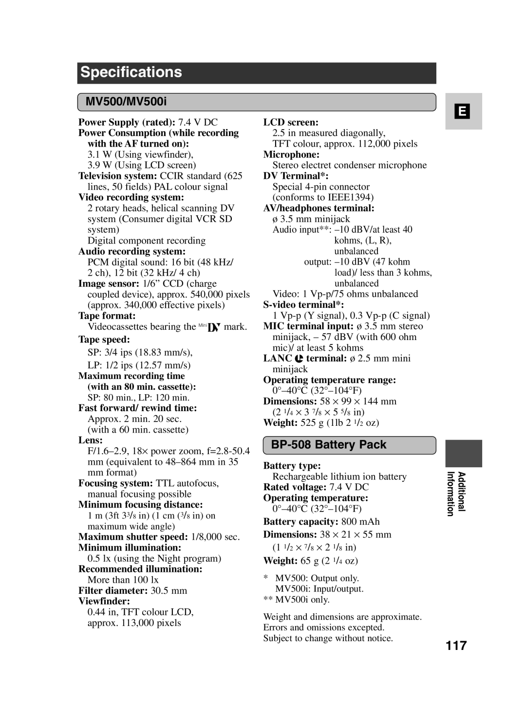 Canon instruction manual Specifications, 117, MV500/MV500i, BP-508 Battery Pack 