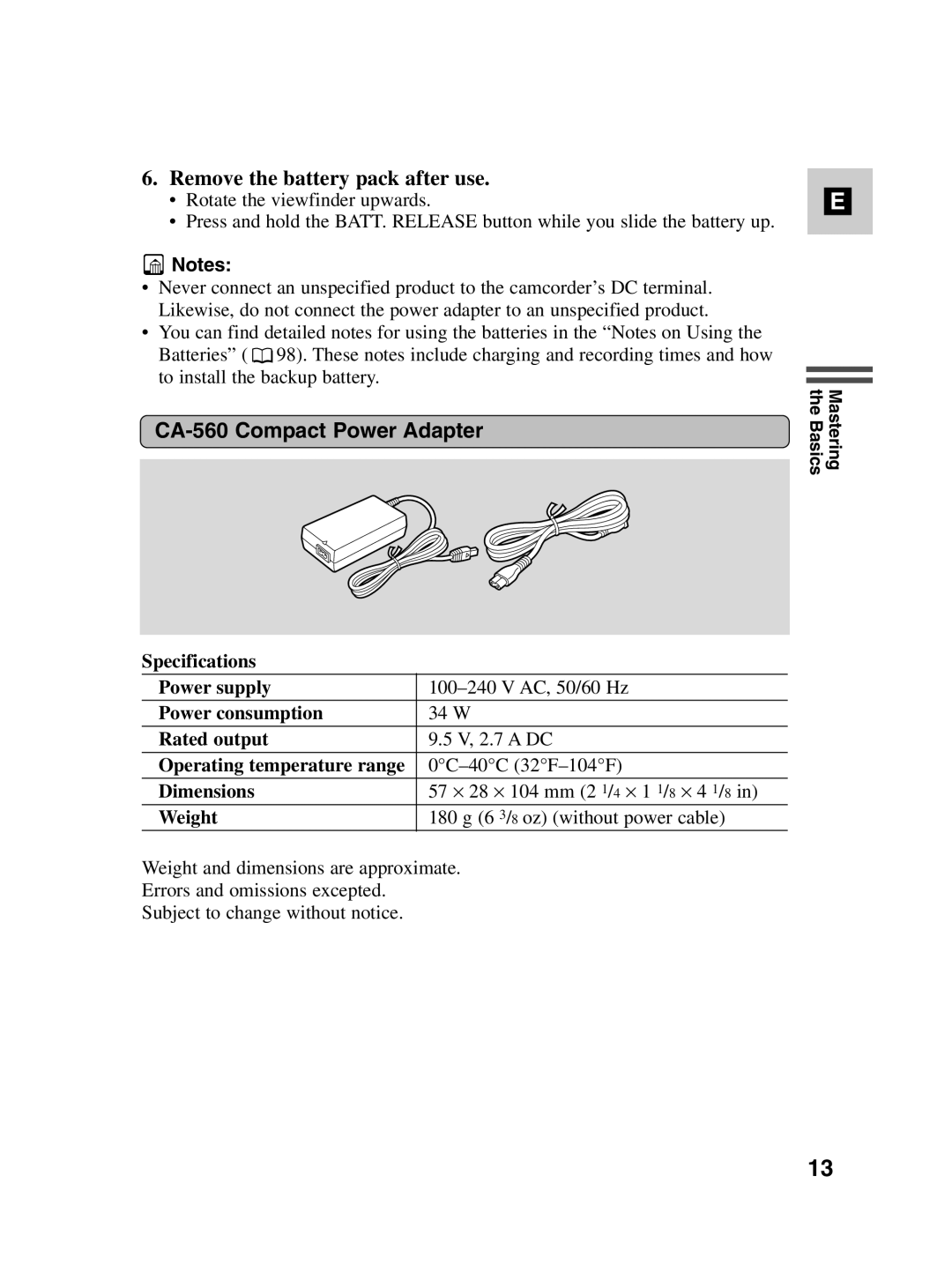 Canon MV500i instruction manual Remove the battery pack after use, CA-560 Compact Power Adapter 