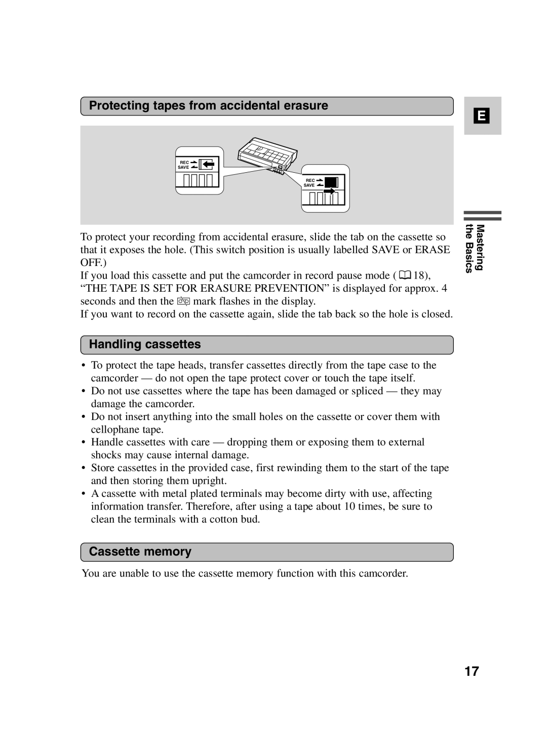 Canon MV500i instruction manual Protecting tapes from accidental erasure, Handling cassettes, Cassette memory 