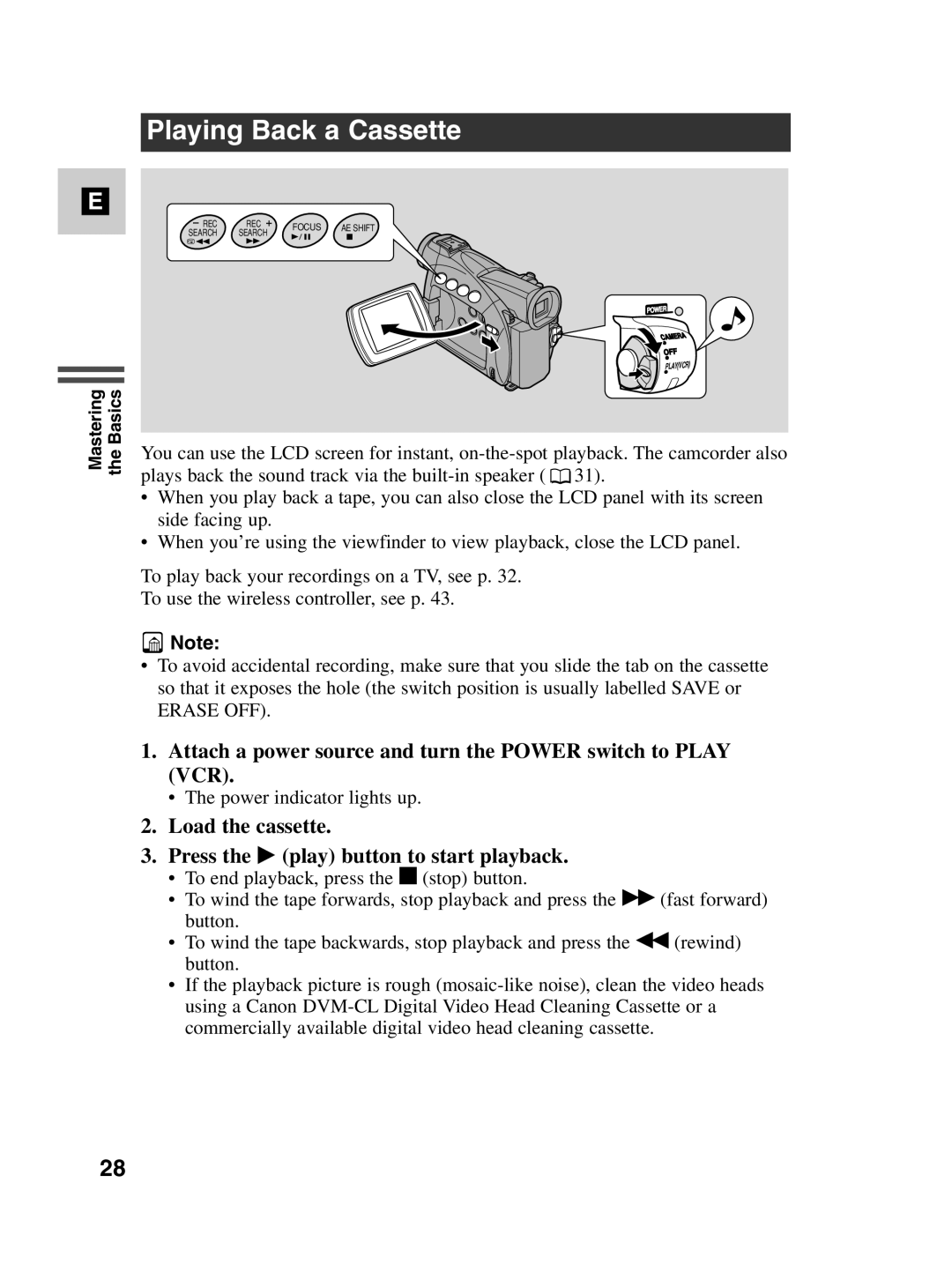 Canon MV500i instruction manual Playing Back a Cassette, Attach a power source and turn the Power switch to Play VCR 