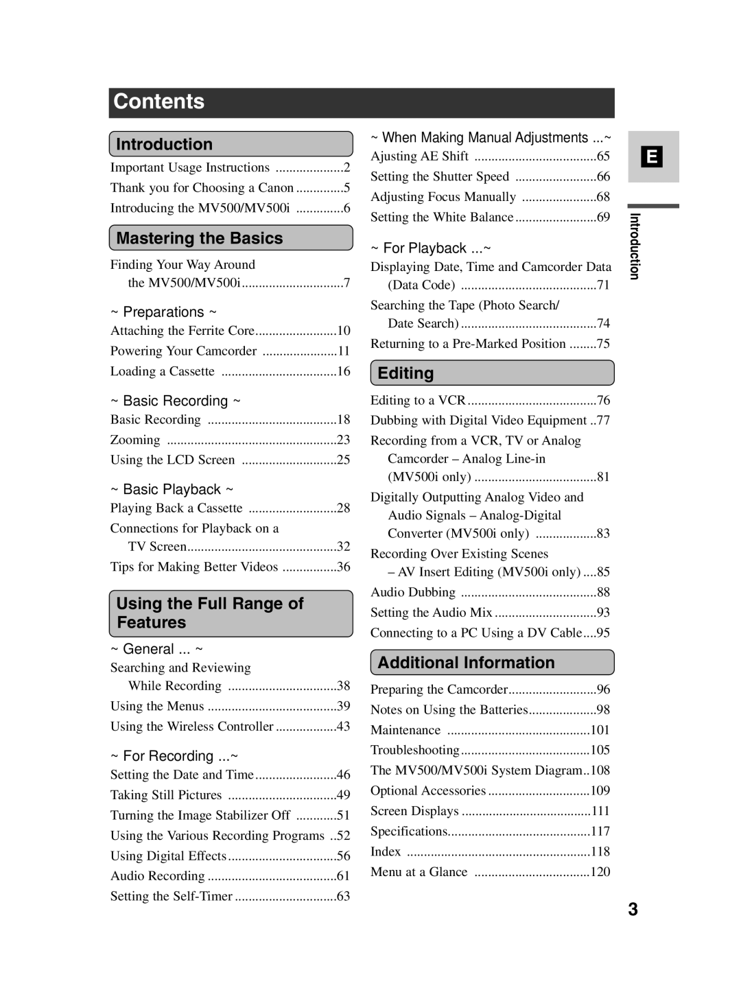 Canon MV500i instruction manual Contents 