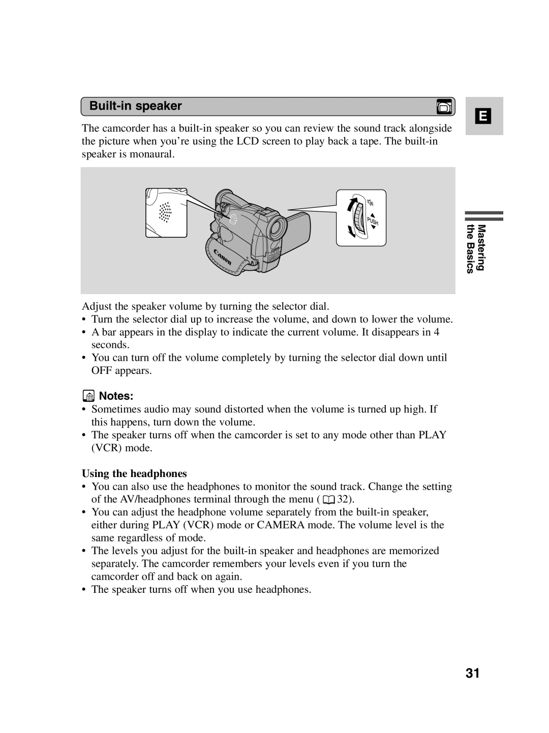 Canon MV500i instruction manual Built-in speaker, Using the headphones 