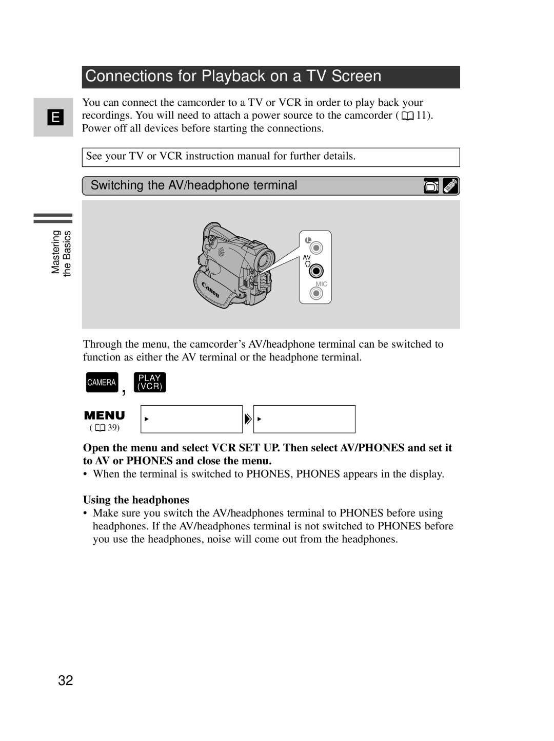 Canon MV500i instruction manual Connections for Playback on a TV Screen, Switching the AV/headphone terminal 