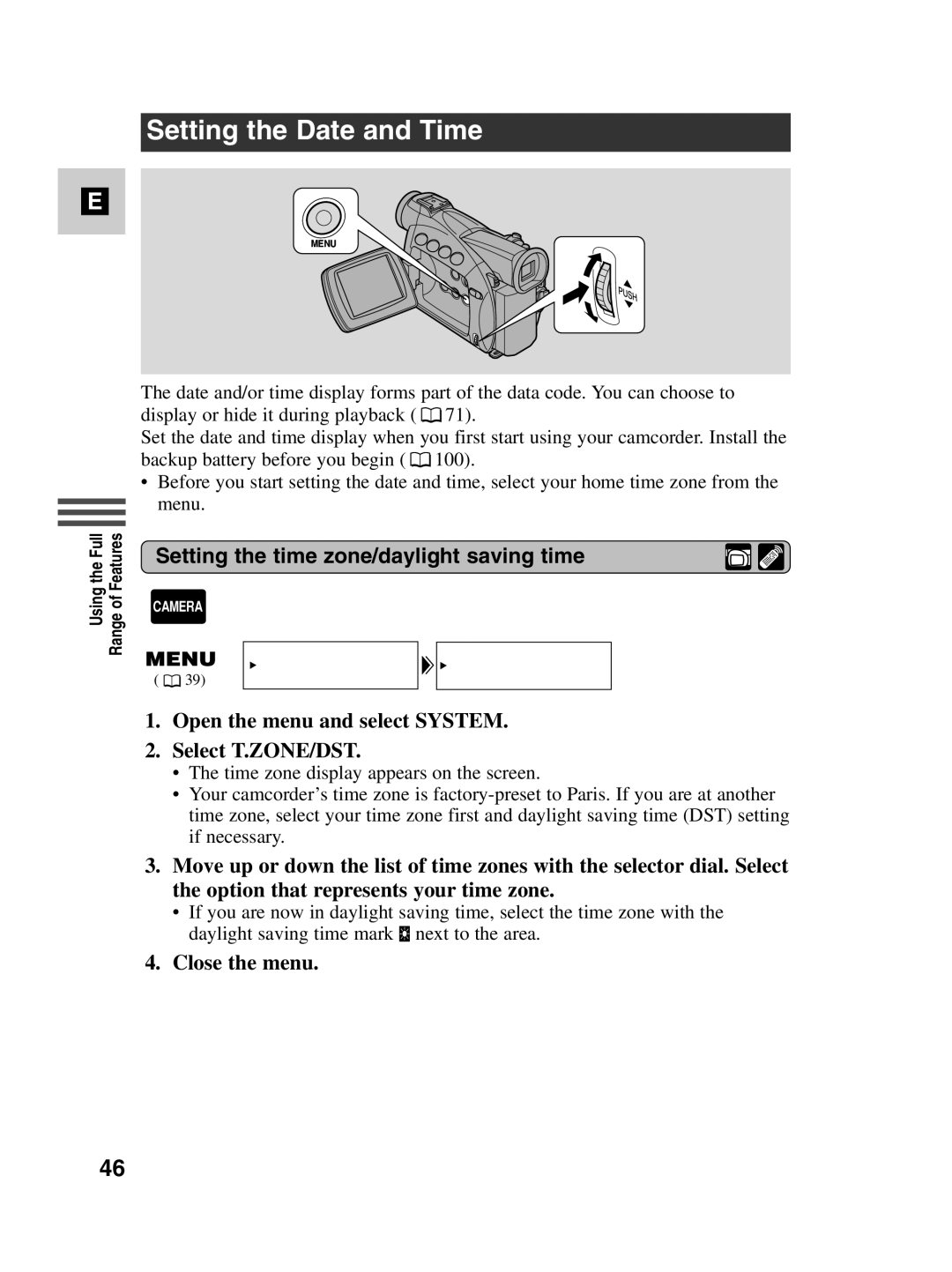 Canon MV500i instruction manual Setting the Date and Time, Setting the time zone/daylight saving time, Close the menu 