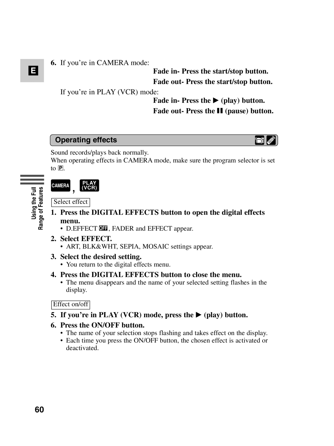 Canon MV500i instruction manual Operating effects, Select Effect 