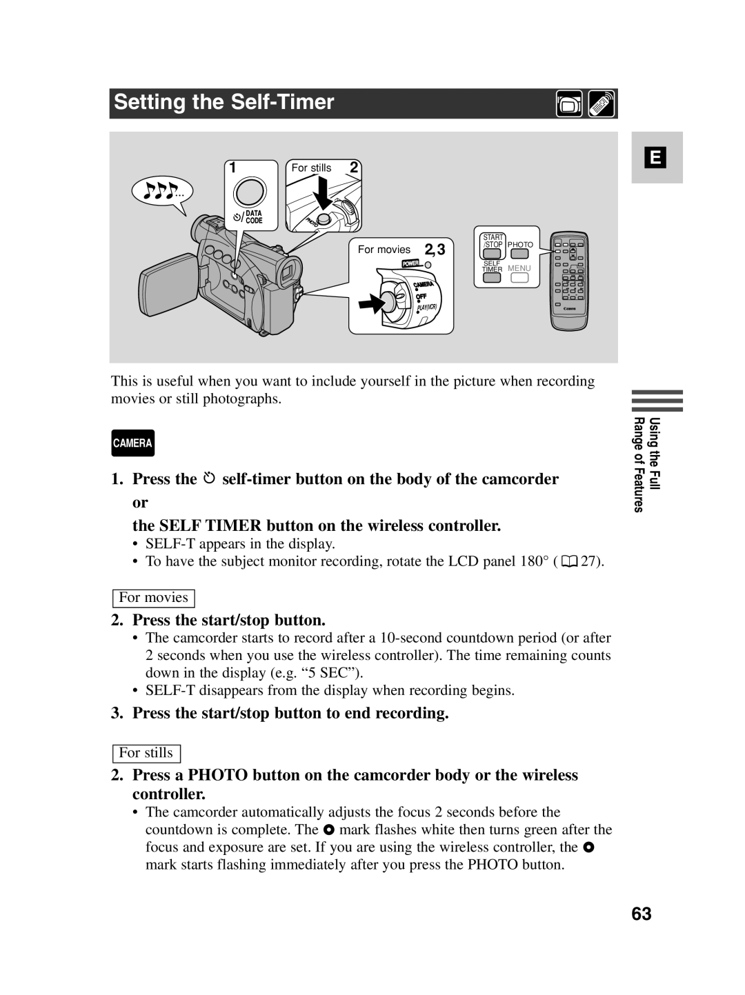 Canon MV500i instruction manual Setting the Self-Timer, Press the start/stop button to end recording 