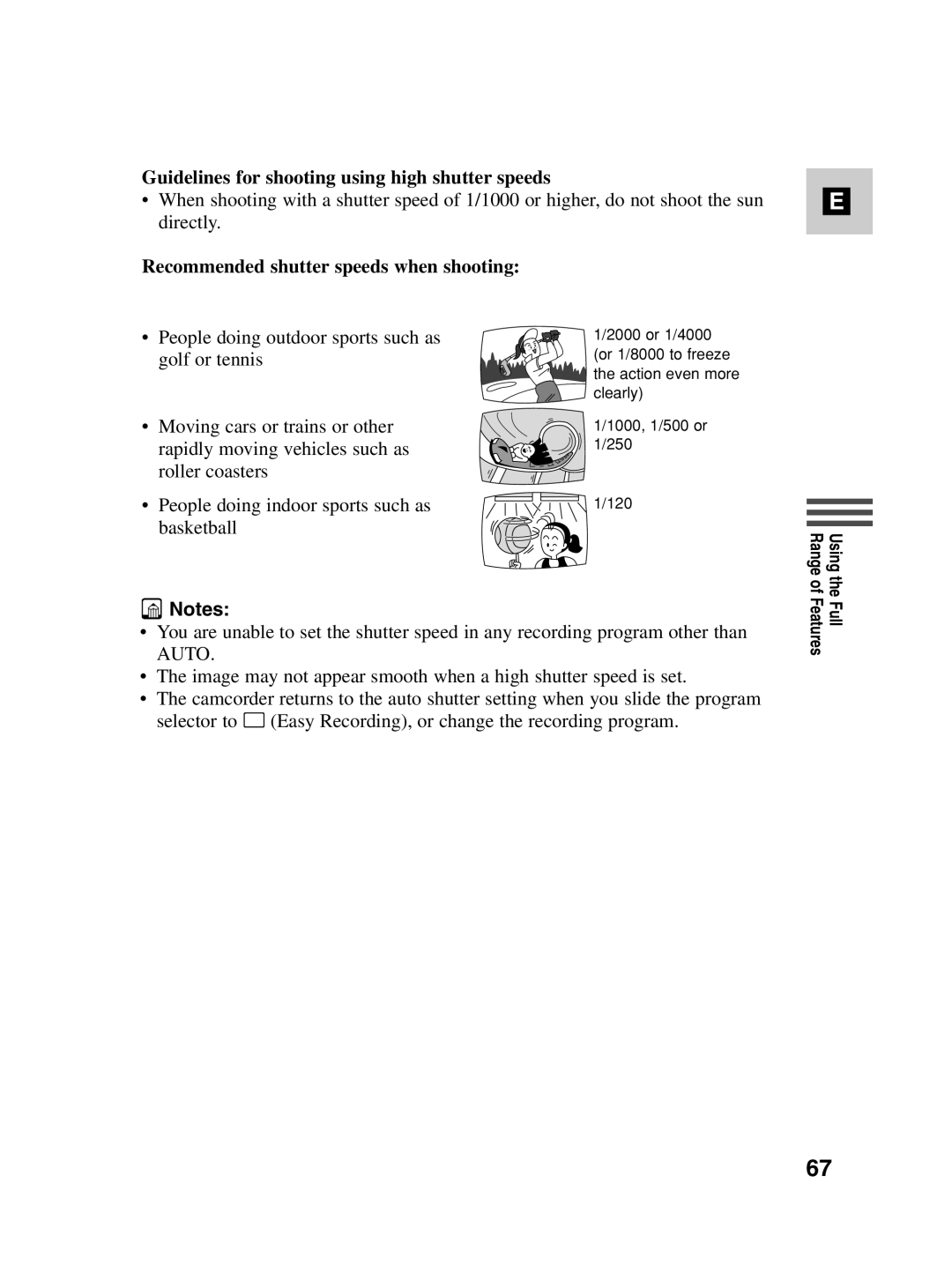 Canon MV500i Guidelines for shooting using high shutter speeds, Recommended shutter speeds when shooting 