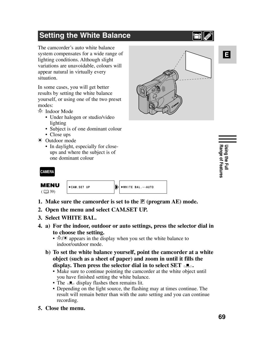 Canon MV500i instruction manual Setting the White Balance, Close the menu 