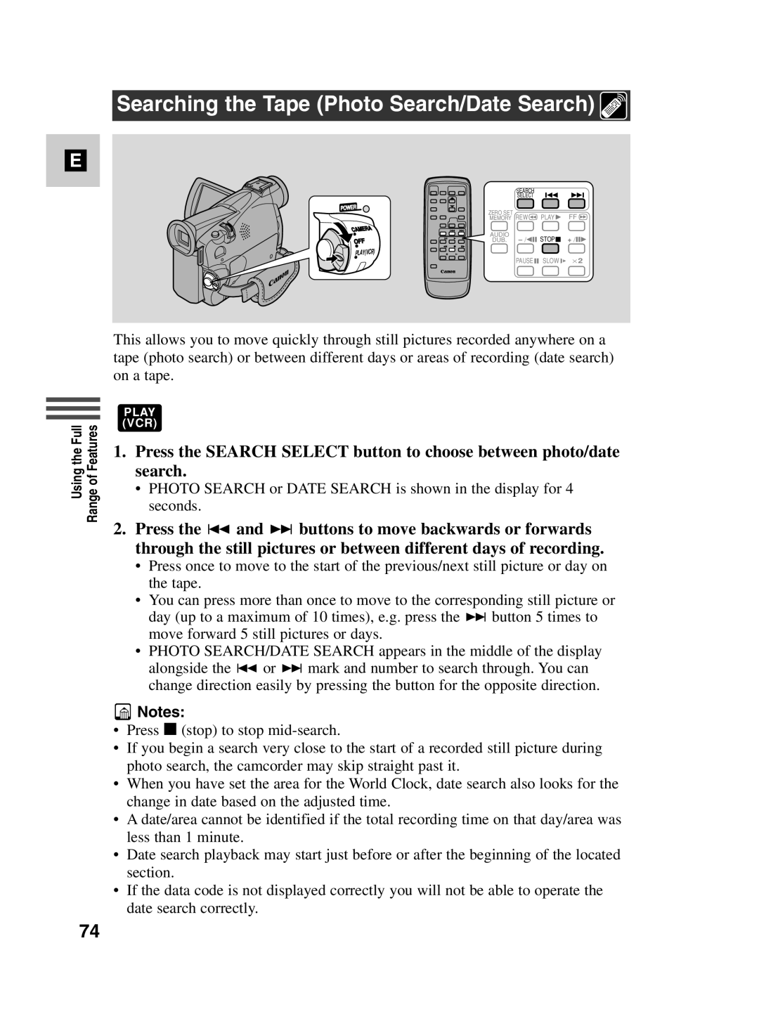 Canon MV500i instruction manual Searching the Tape Photo Search/Date Search 