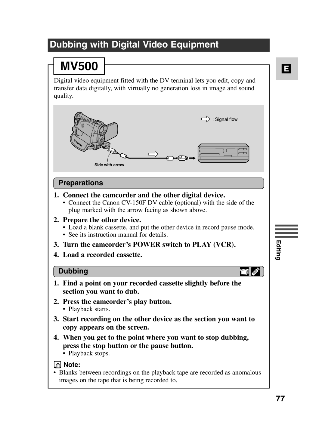 Canon MV500i instruction manual Dubbing with Digital Video Equipment, Connect the camcorder and the other digital device 