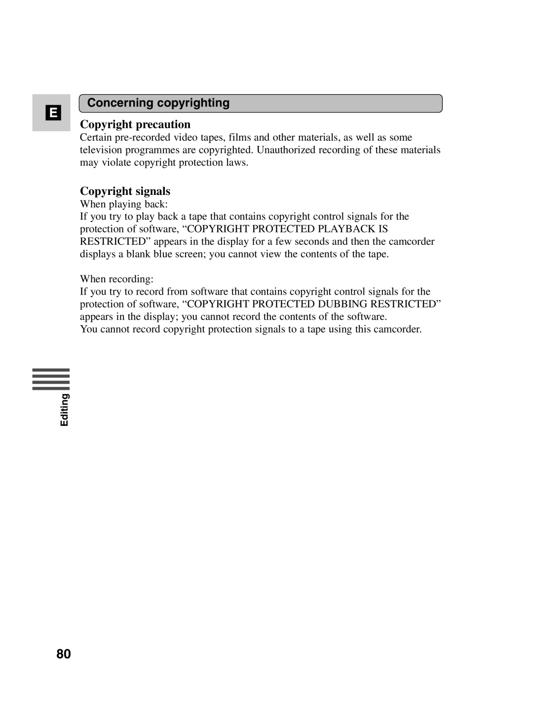 Canon MV500i instruction manual Concerning copyrighting, Copyright precaution, Copyright signals 