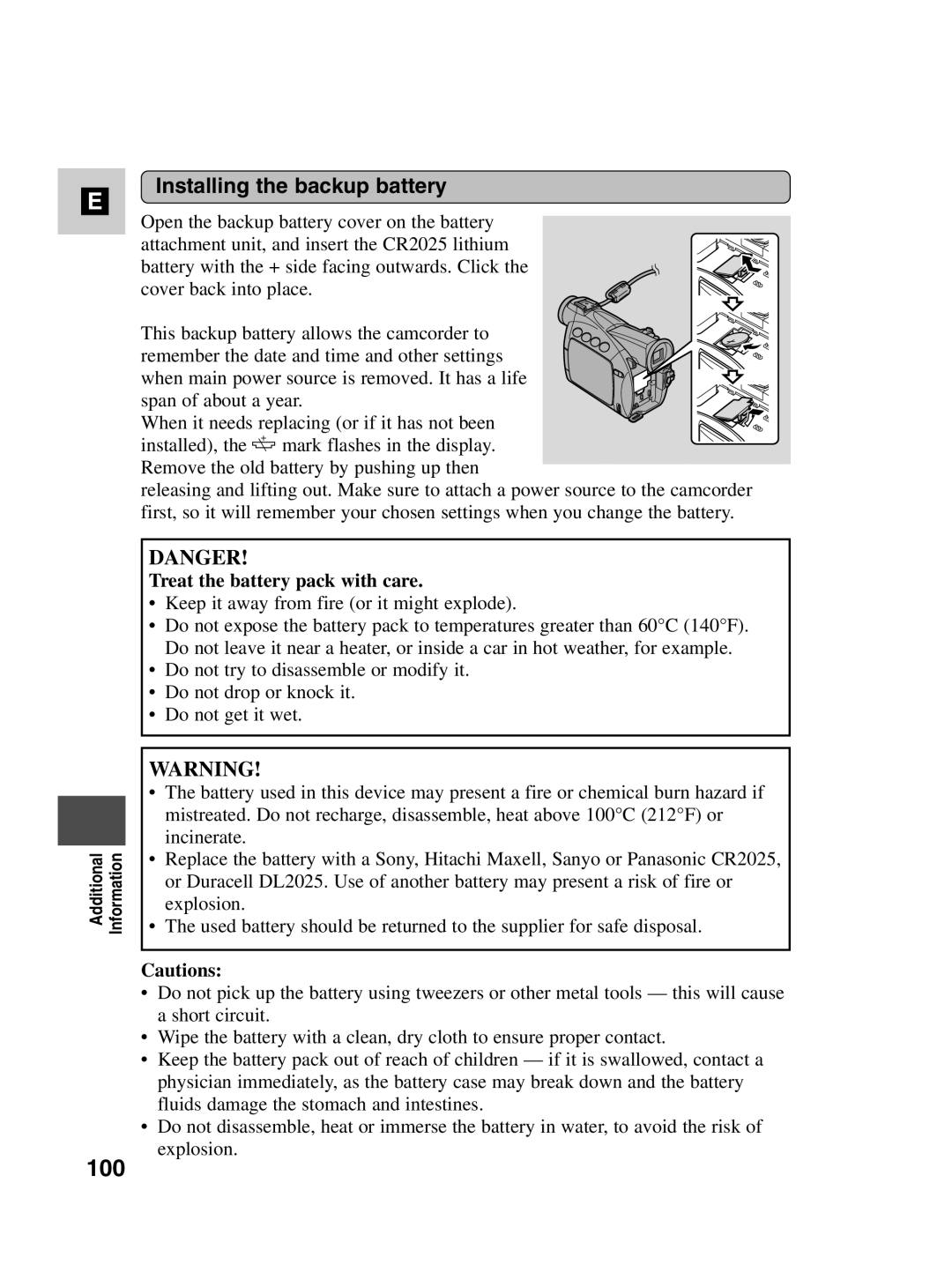 Canon MV500i instruction manual 100, Installing the backup battery, Treat the battery pack with care 