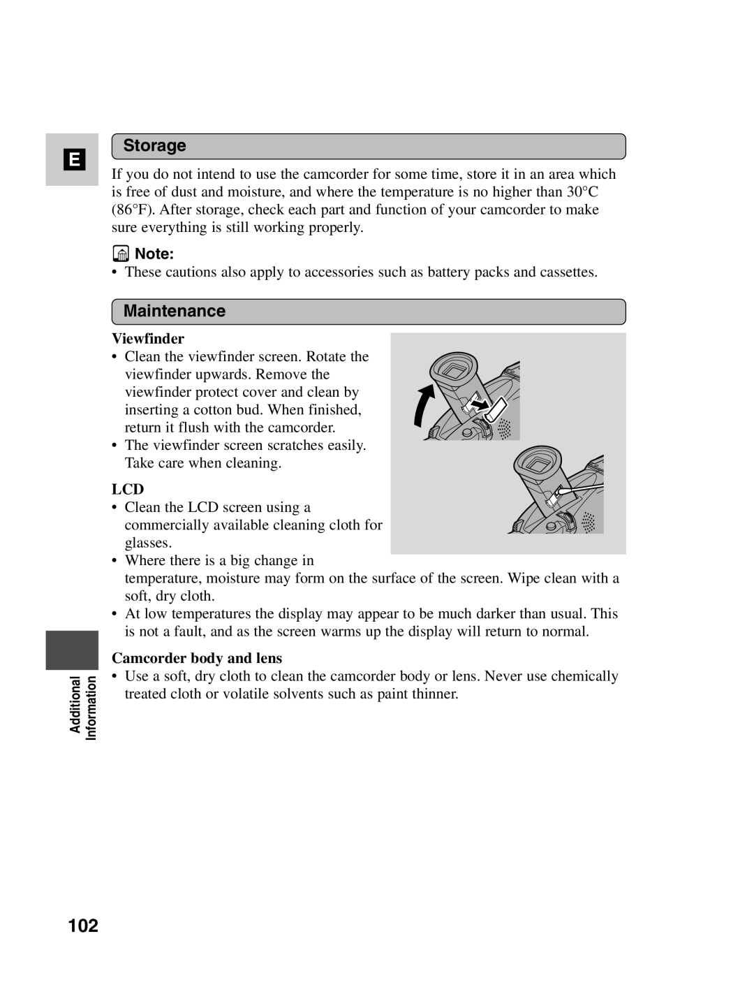 Canon MV500i instruction manual 102, Storage, Maintenance, Viewfinder, Camcorder body and lens 