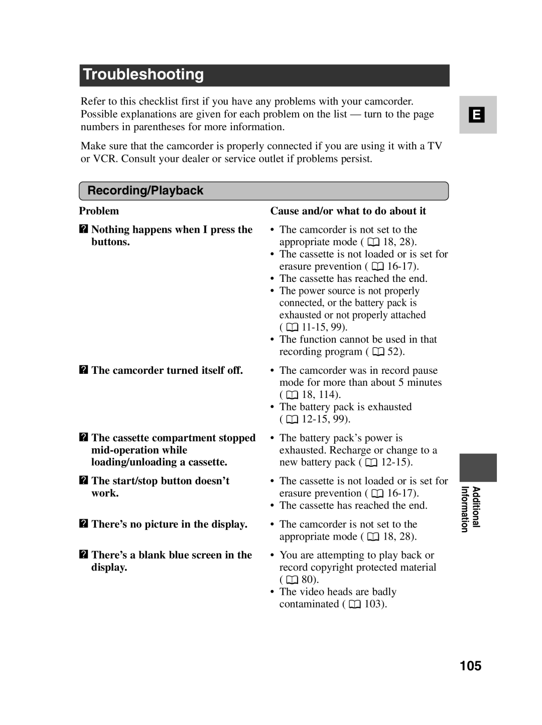 Canon MV500i instruction manual Troubleshooting, 105, Recording/Playback 