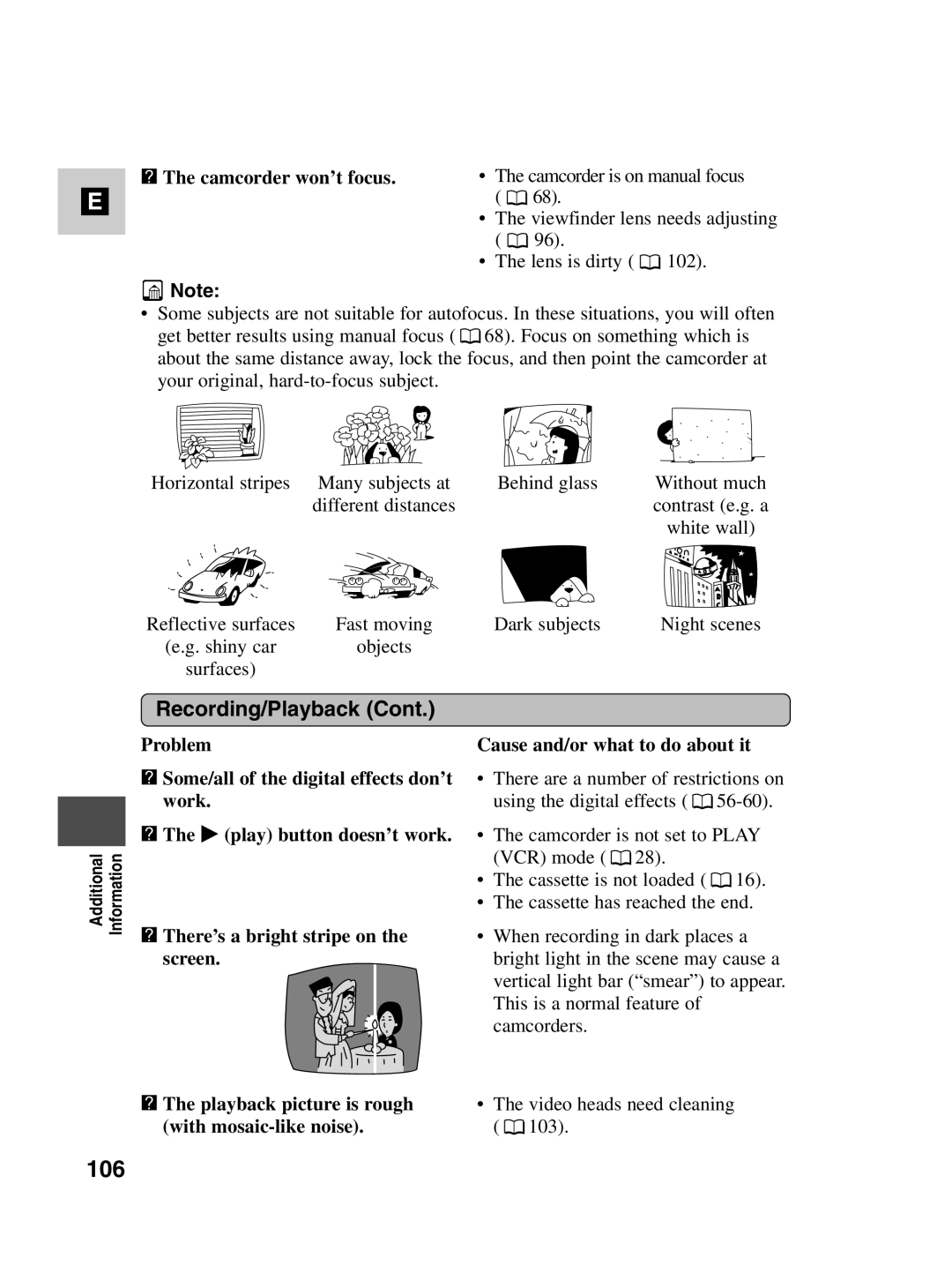 Canon MV500i instruction manual 106, ? The camcorder won’t focus 