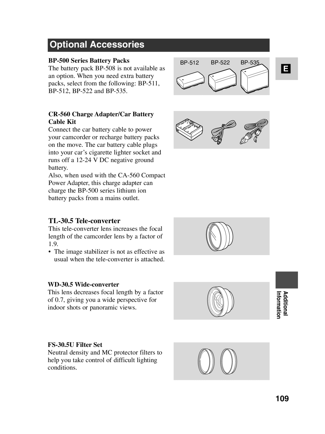 Canon MV500i instruction manual Optional Accessories, 109, TL-30.5 Tele-converter 