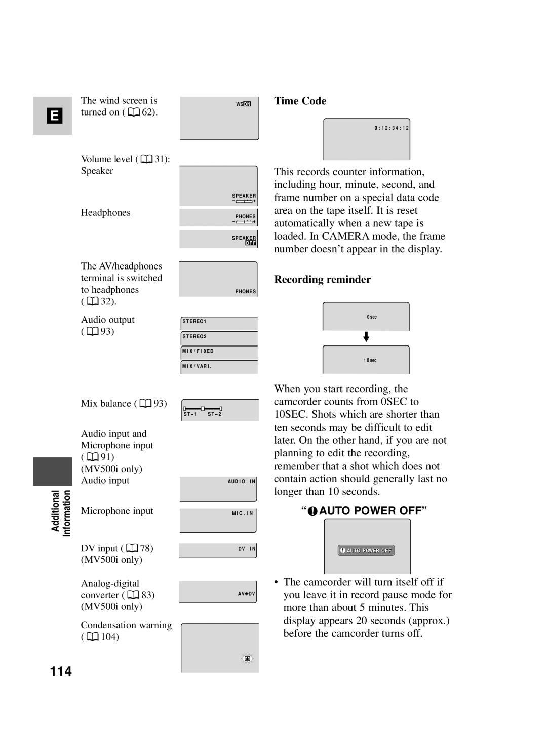 Canon MV500i instruction manual 114, Time Code, Recording reminder 