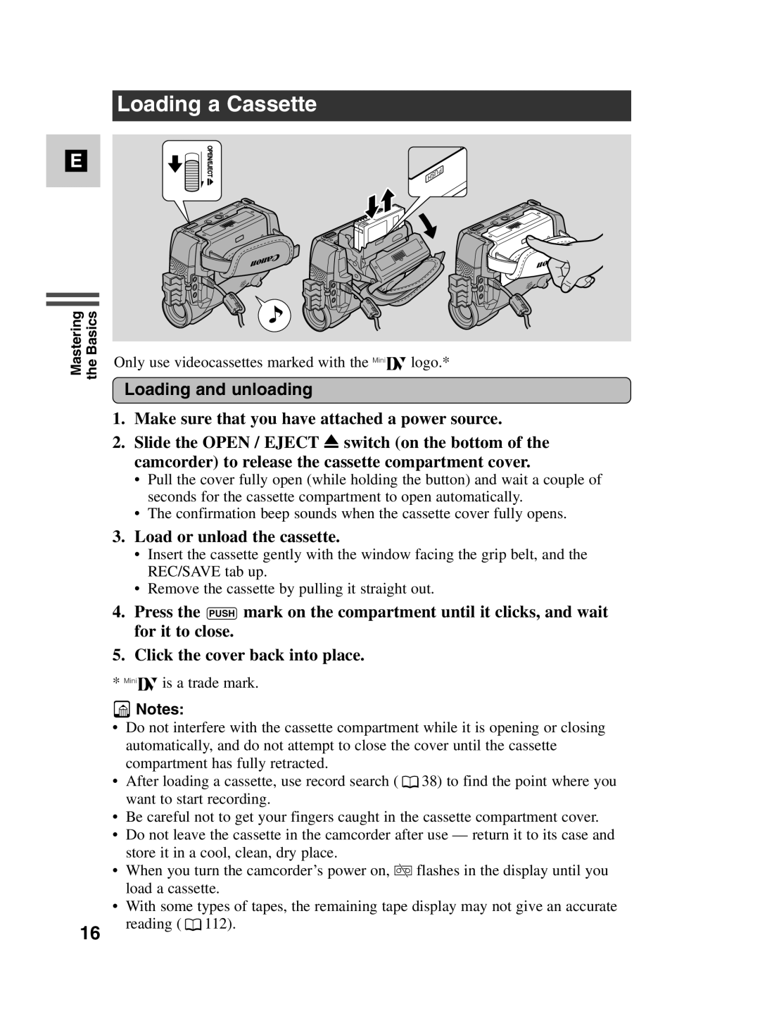 Canon MV500i instruction manual Loading a Cassette, Loading and unloading, Load or unload the cassette 