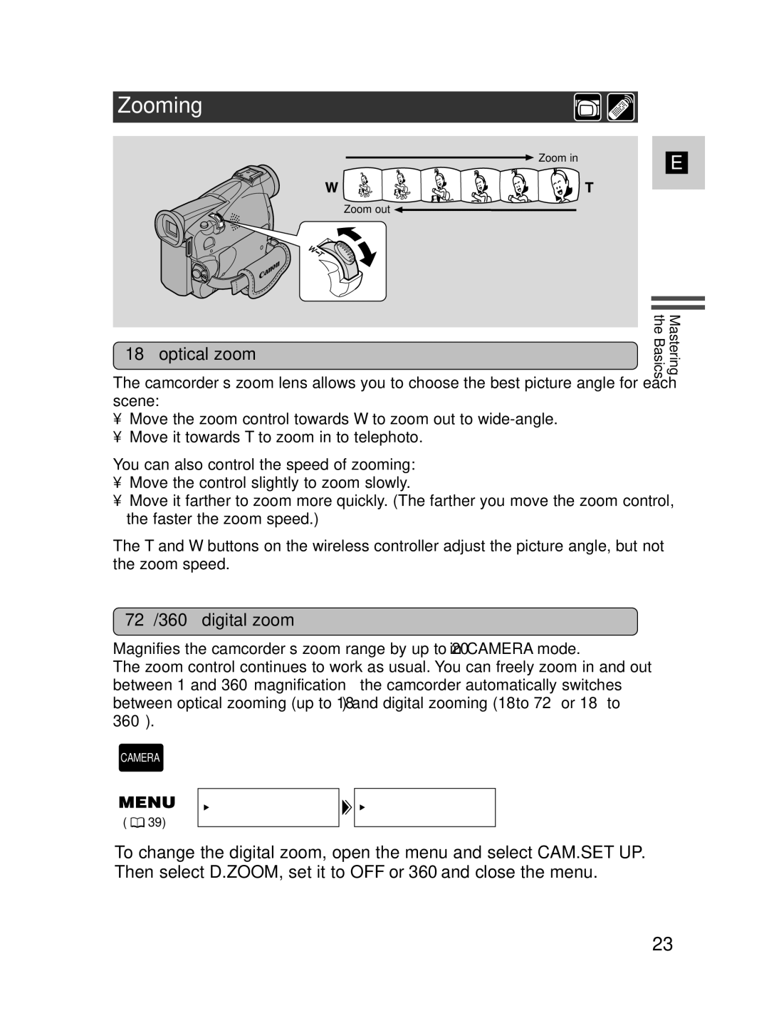 Canon MV500i instruction manual Zooming, 18⋅ optical zoom, 72⋅/360⋅ digital zoom 