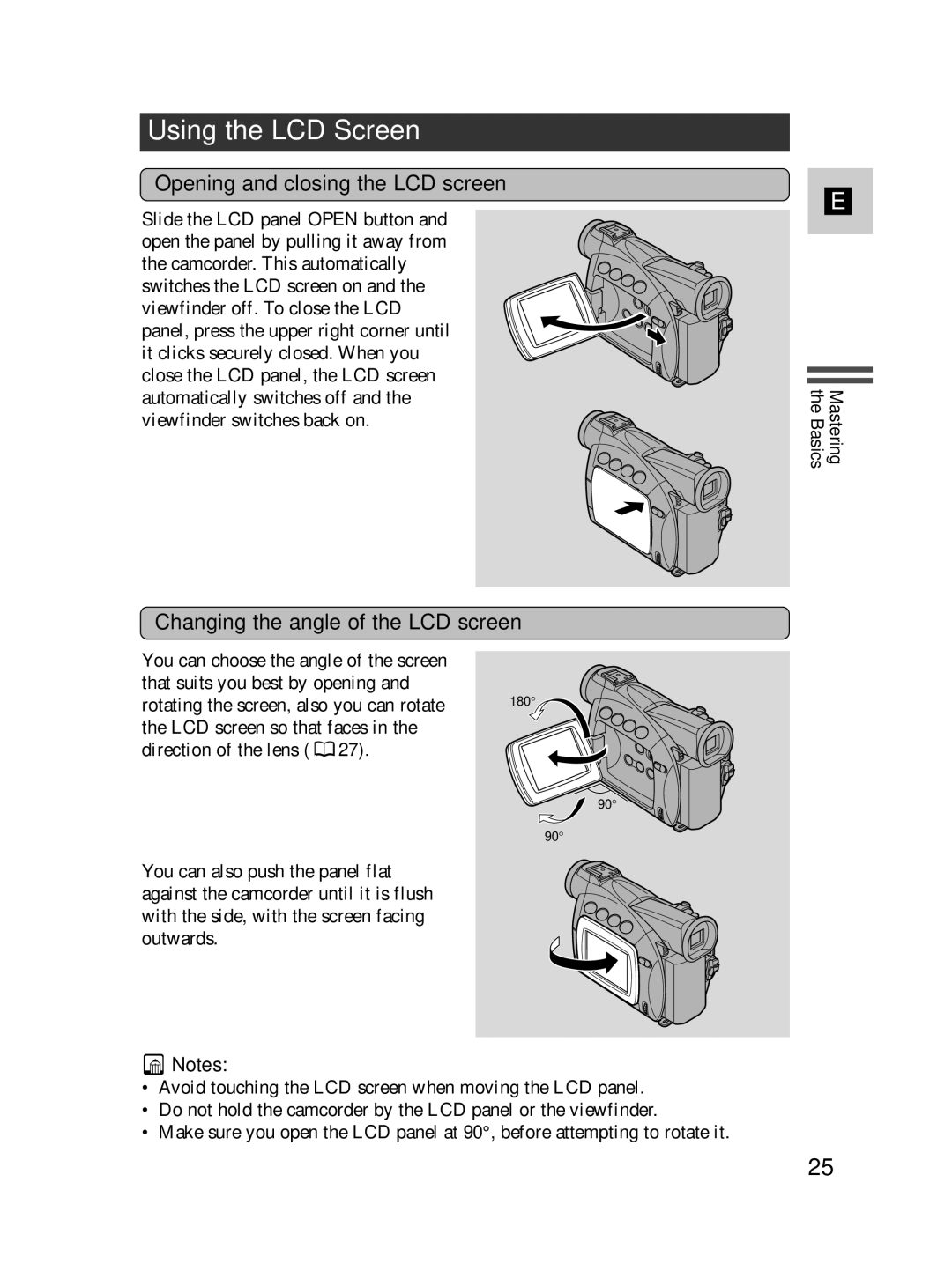 Canon MV500i Using the LCD Screen, Opening and closing the LCD screen, Changing the angle of the LCD screen 