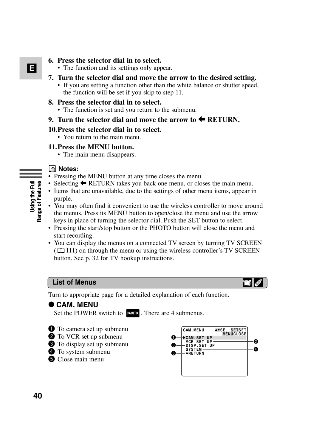 Canon MV500i instruction manual Press the Menu button, List of Menus 