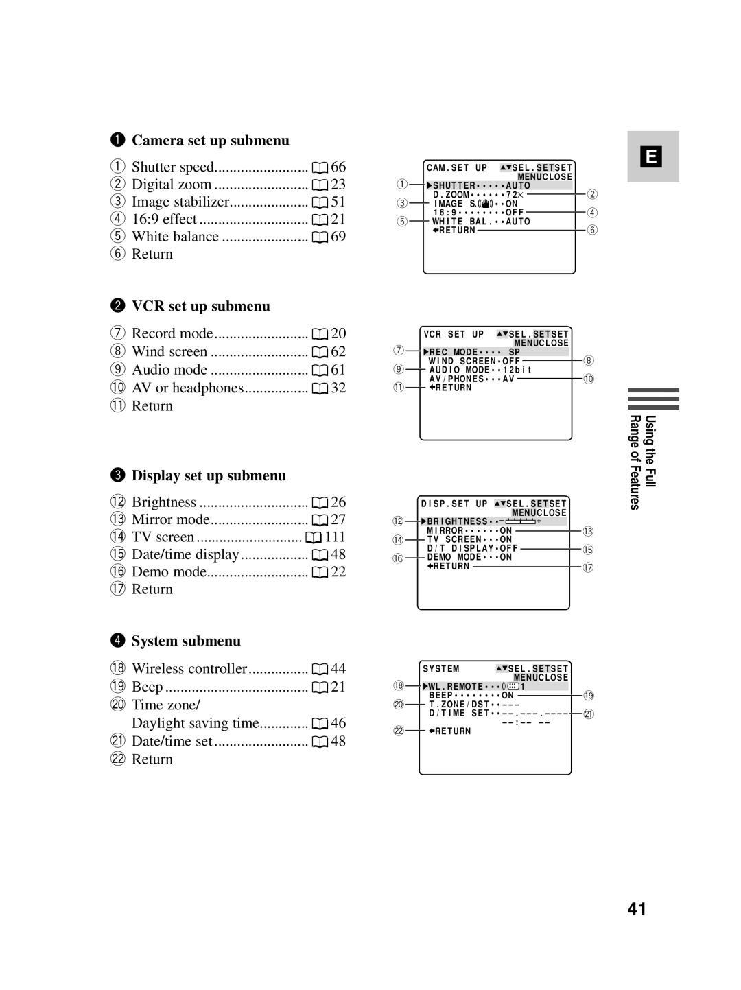 Canon MV500i instruction manual Camera set up submenu, VCR set up submenu, Display set up submenu, System submenu 