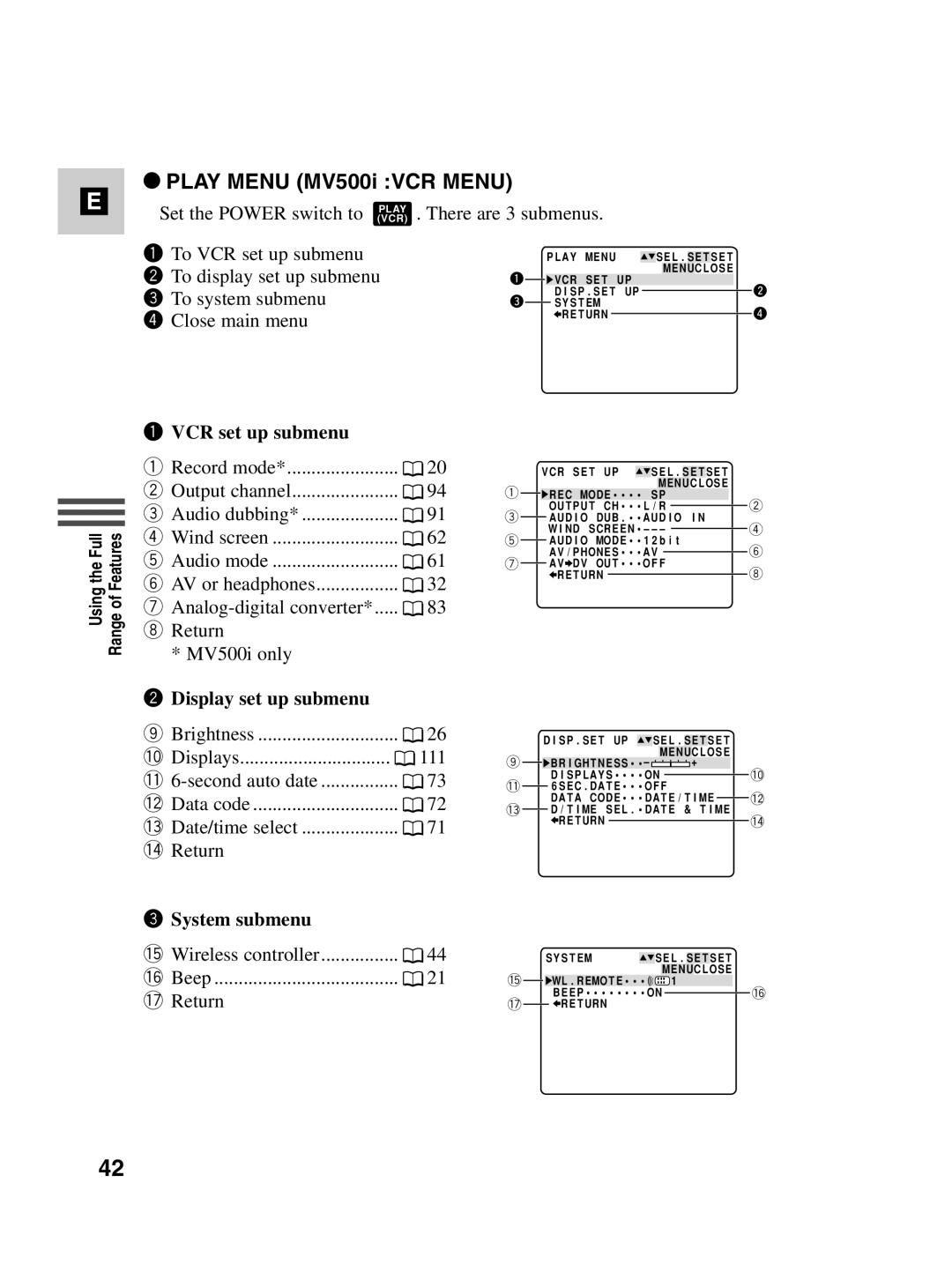 Canon instruction manual Play Menu MV500i VCR Menu 