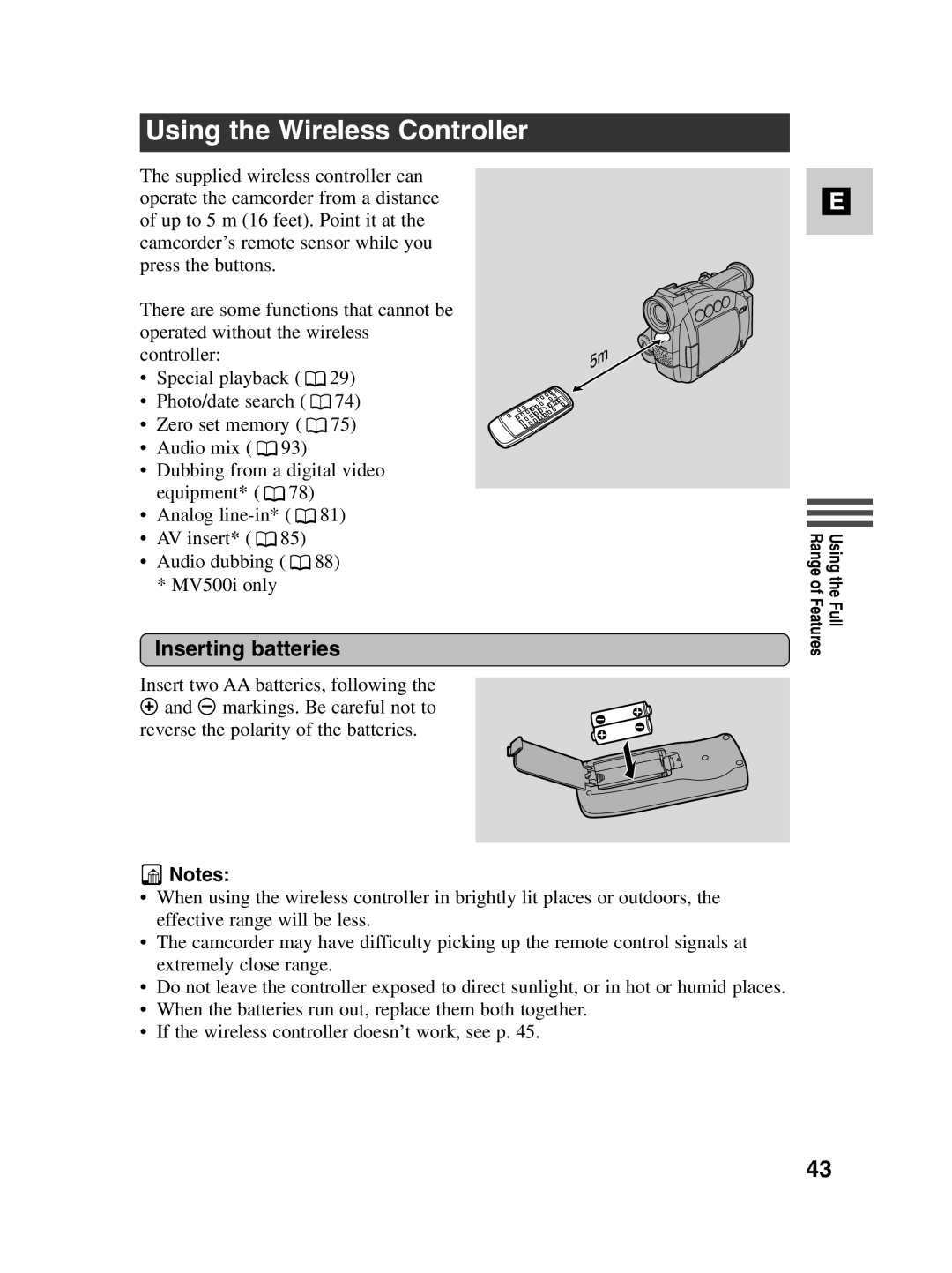 Canon MV500i instruction manual Using the Wireless Controller, Inserting batteries 