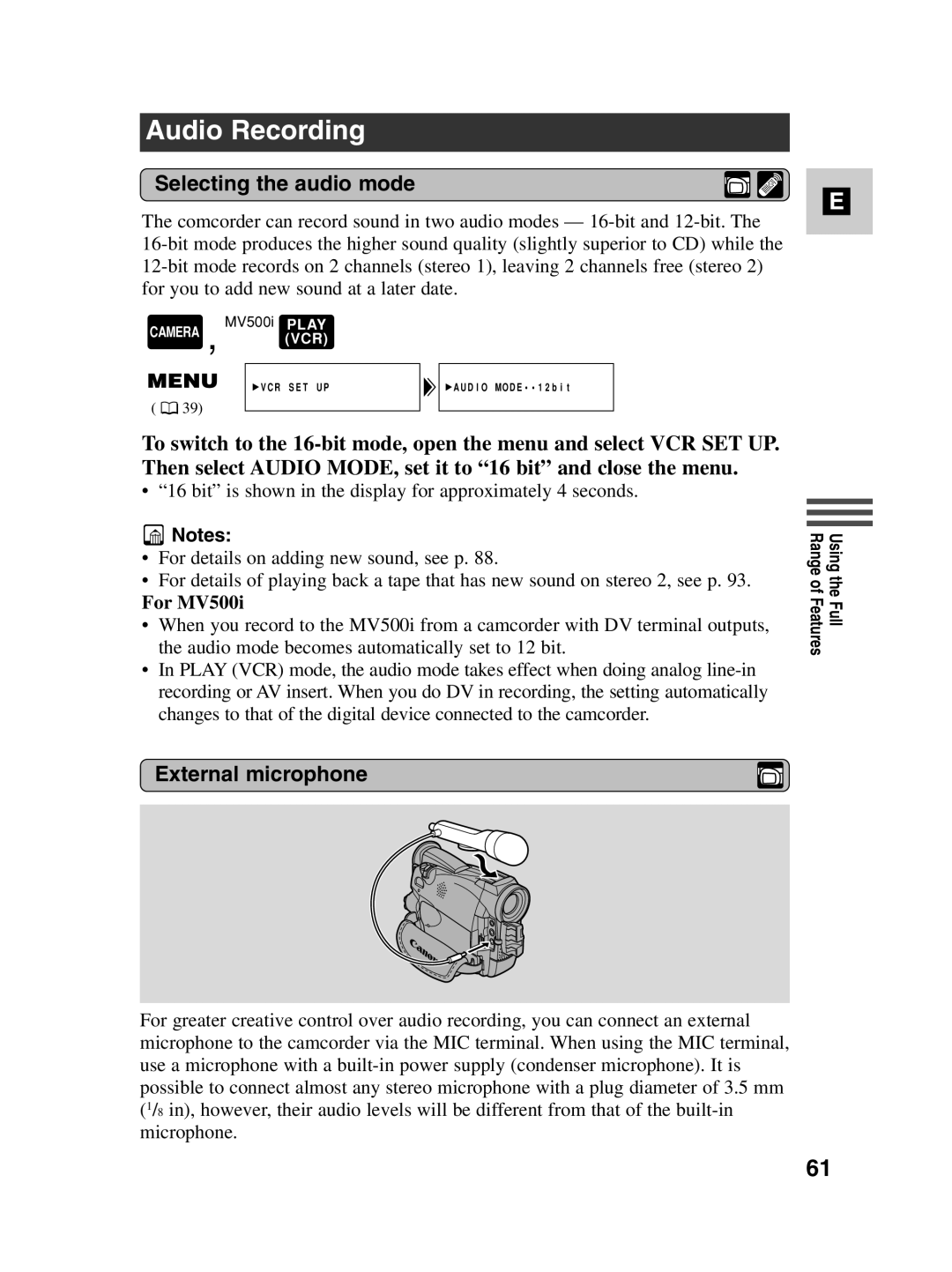 Canon instruction manual Audio Recording, Selecting the audio mode, External microphone, For MV500i 