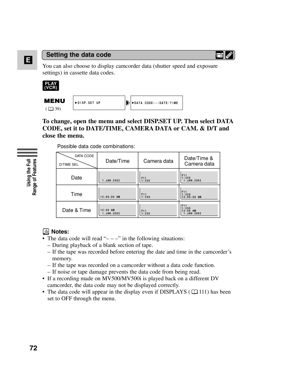 Canon MV500i instruction manual Setting the data code 