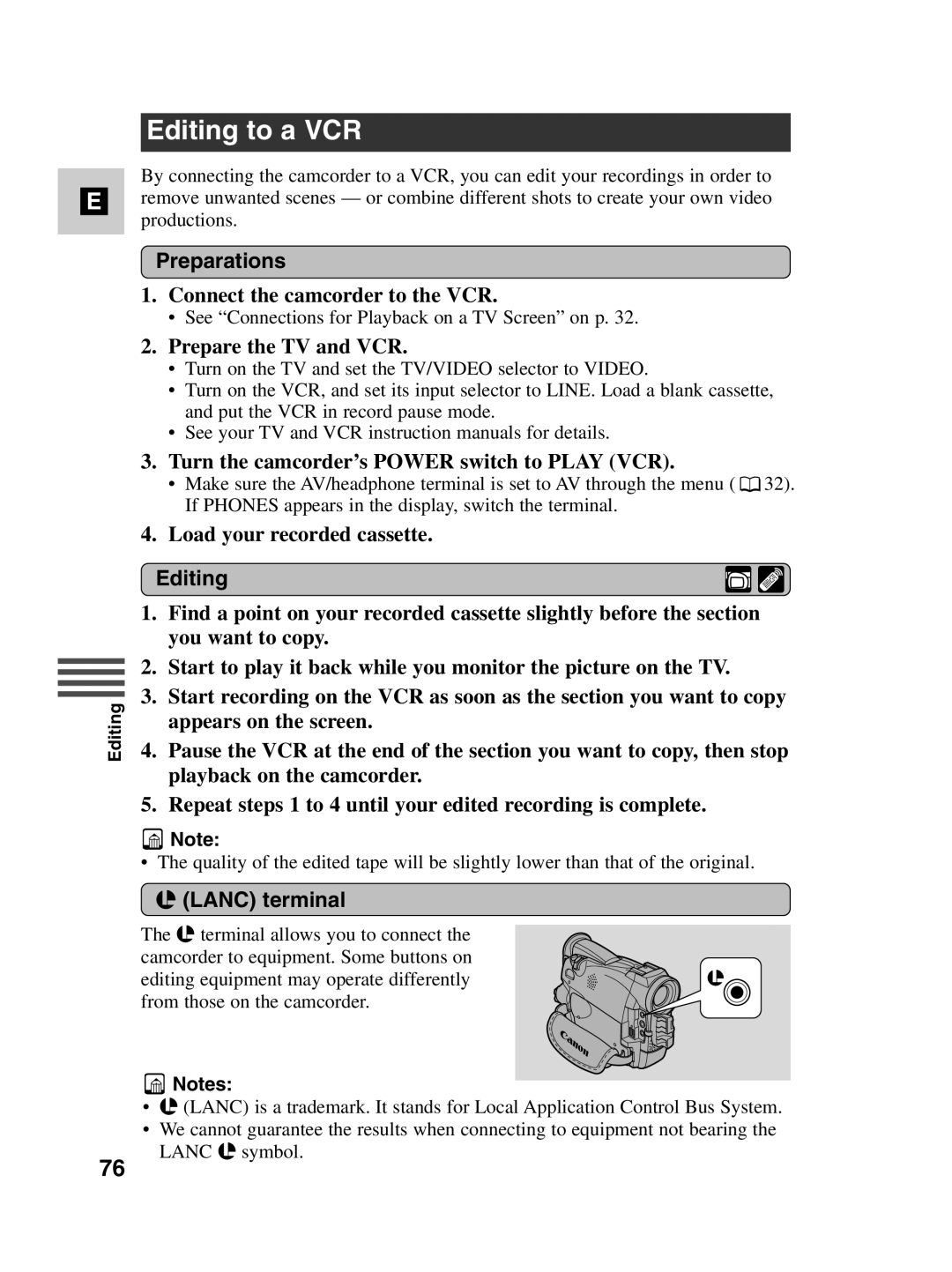 Canon MV500i instruction manual Editing to a VCR, Preparations, Lanc terminal 