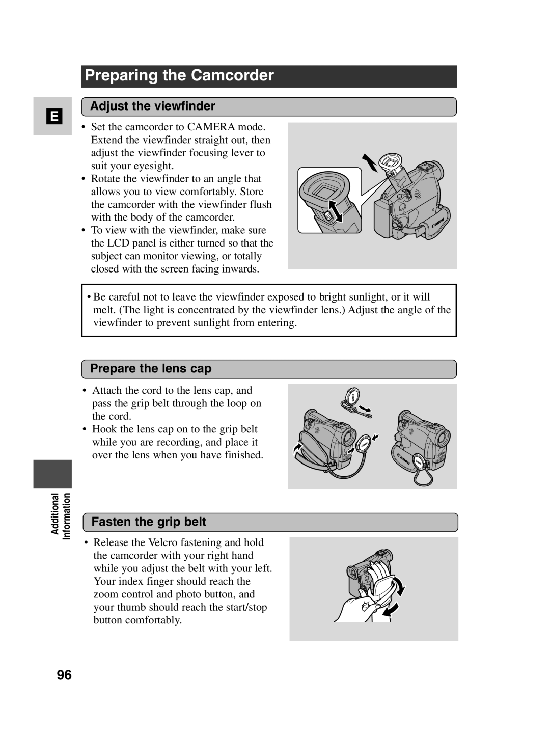 Canon MV500i instruction manual Preparing the Camcorder, Adjust the viewfinder, Prepare the lens cap, Fasten the grip belt 