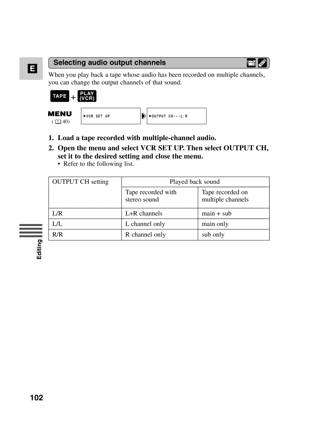 Canon MV530i, MV550i instruction manual 102, Selecting audio output channels 