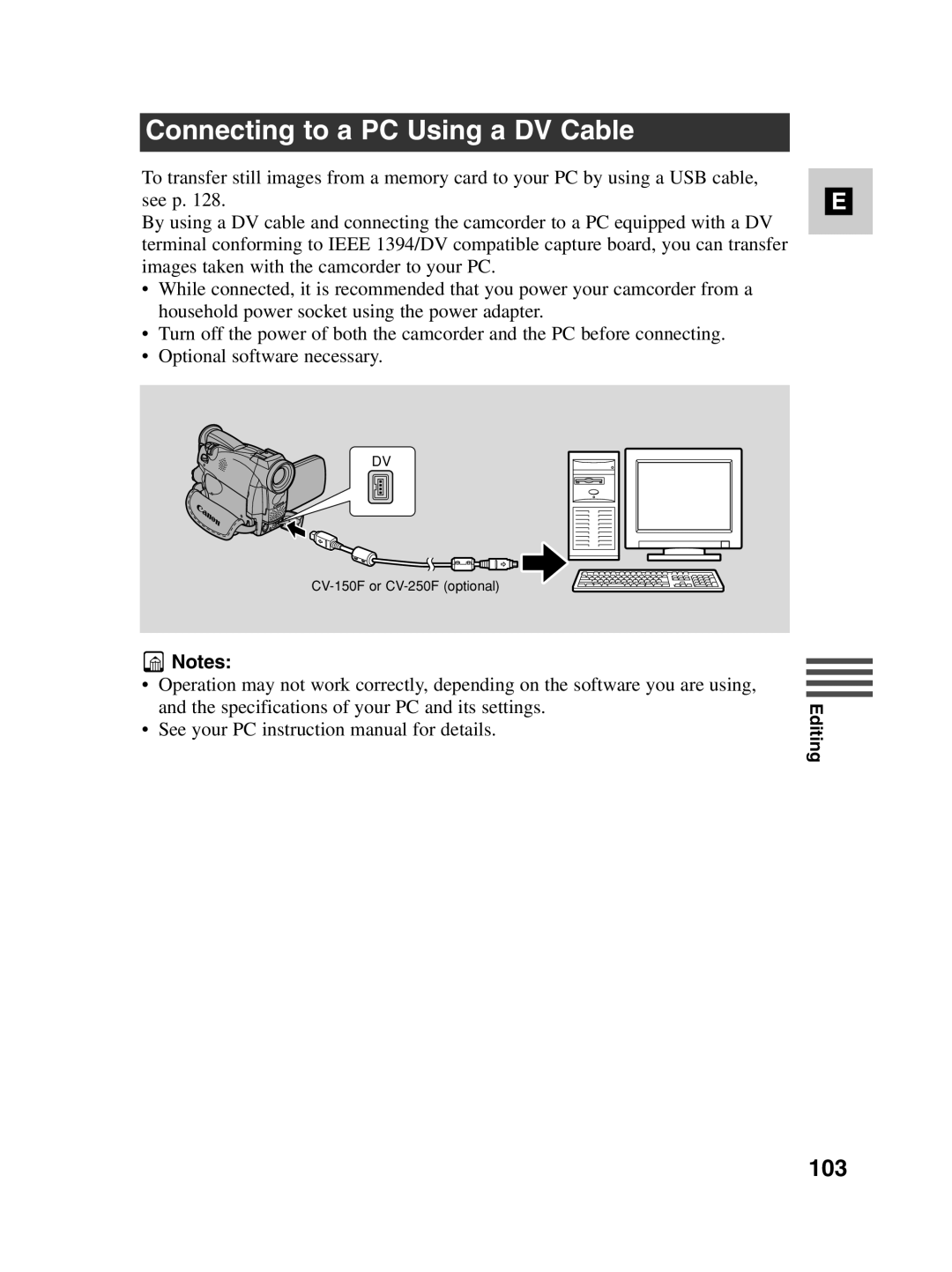 Canon MV550i, MV530i instruction manual Connecting to a PC Using a DV Cable, 103 