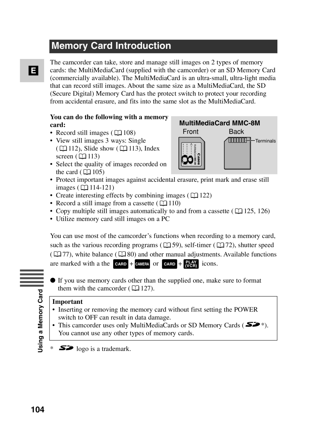 Canon MV530i, MV550i instruction manual Memory Card Introduction, 104, You can do the following with a memory 