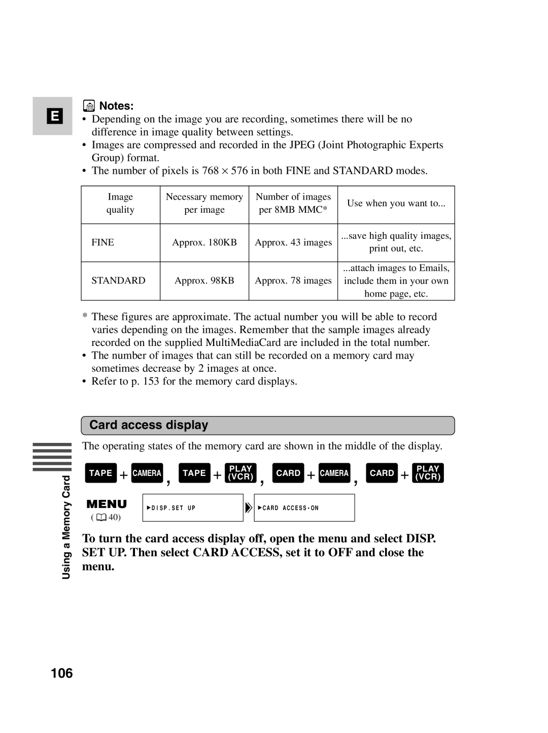 Canon MV530i, MV550i instruction manual 106, Card access display 