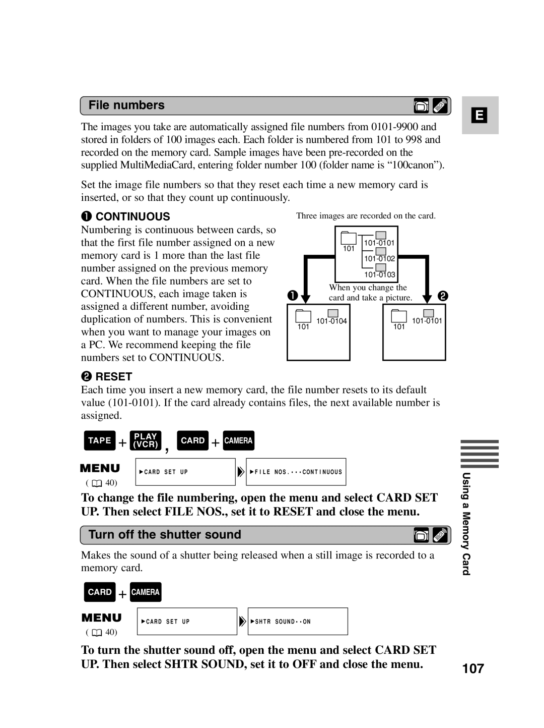 Canon MV550i, MV530i instruction manual 107, File numbers, Turn off the shutter sound 