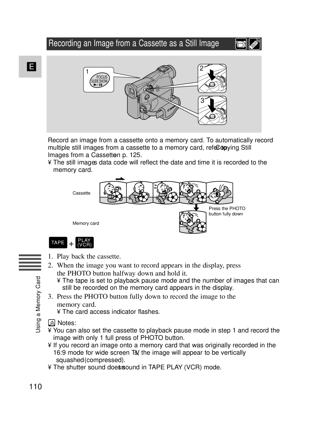 Canon MV530i, MV550i instruction manual Recording an Image from a Cassette as a Still Image, 110 