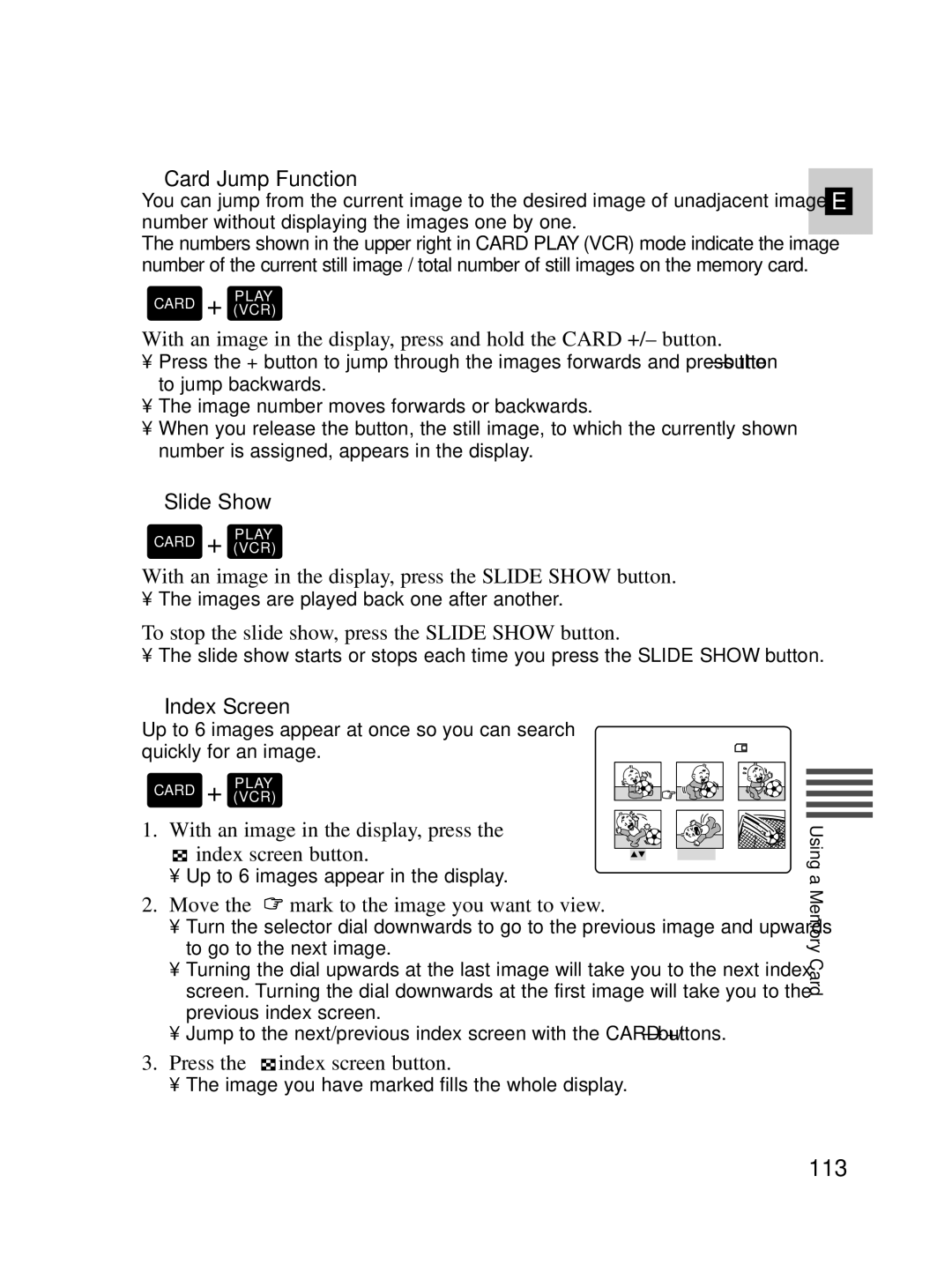 Canon MV550i, MV530i instruction manual 113, Card Jump Function, Slide Show, Index Screen 