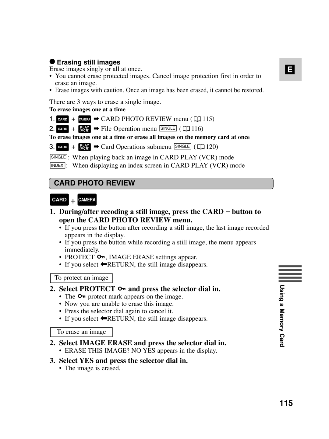 Canon MV550i, MV530i 115, Select Protect and press the selector dial, Select Image Erase and press the selector dial 