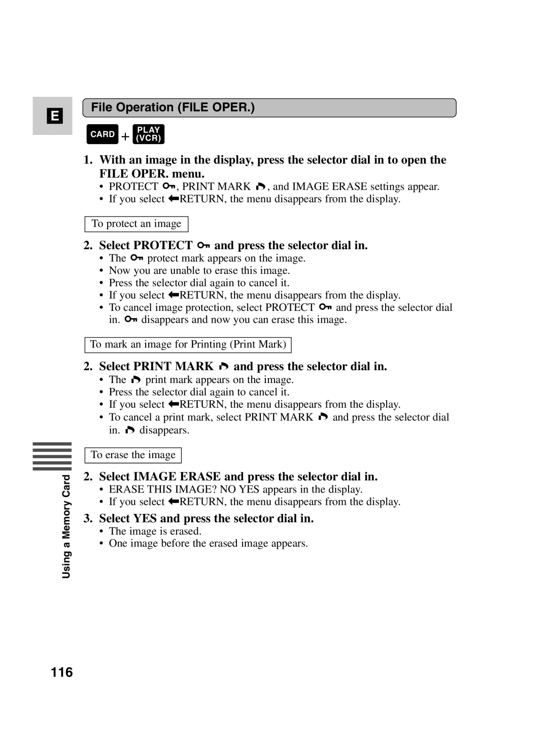 Canon MV530i, MV550i instruction manual 116, File Operation File Oper, Select Print Mark and press the selector dial 